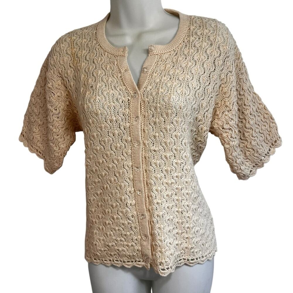 Handmade Short Sleeve Cream Cardigan | Approx M | Intricate Cable-Knit Details
